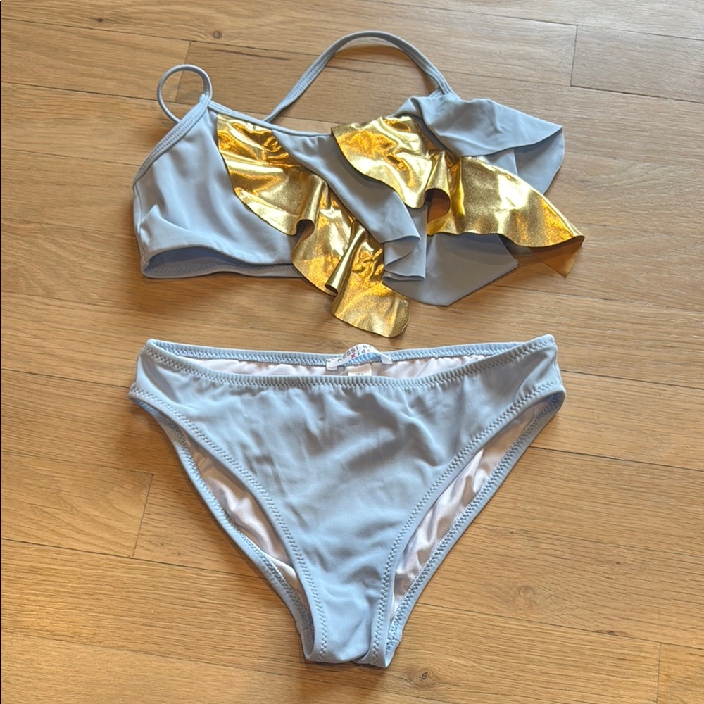 Girls Light Blue Bikini Set with Gold Ruffle Accent